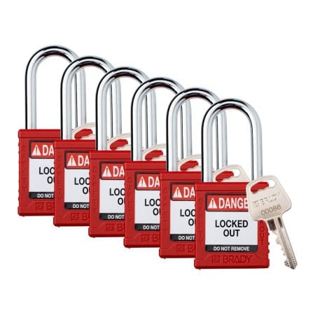 Brady Brady Safety Lockout Padlock, Keyed Different, 1-1/2in, Plastic/Steel, Red, 6/PK SDPL-RED-38ST-KD6